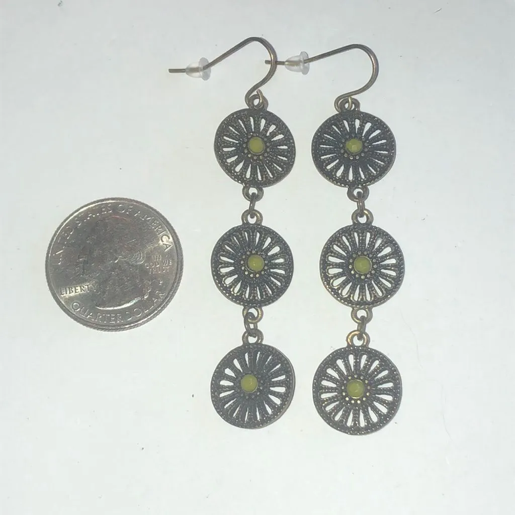 Brass Tone Green Stone Dangling Boho Cutout Pierced Earrings - Image 2