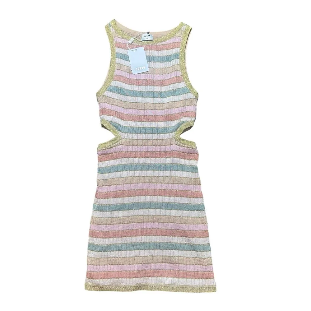 Suboo Willow High Neck Cut Out Mini Dress Metallic Pastel Stripe NEW Pink - Image 2
