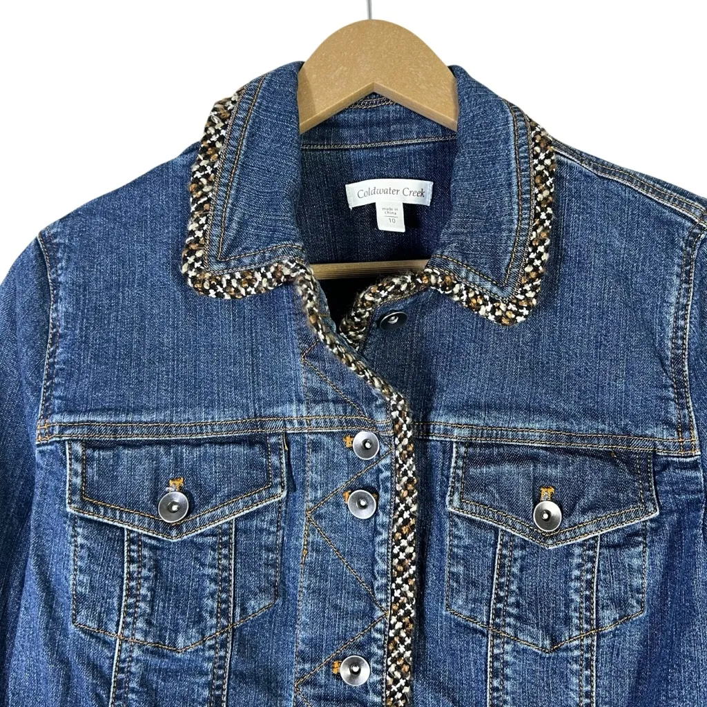 Coldwater Creek Tweed Trim Denim Jacket Womens 10 Medium Wash Fringe Retro 90s - Image 3