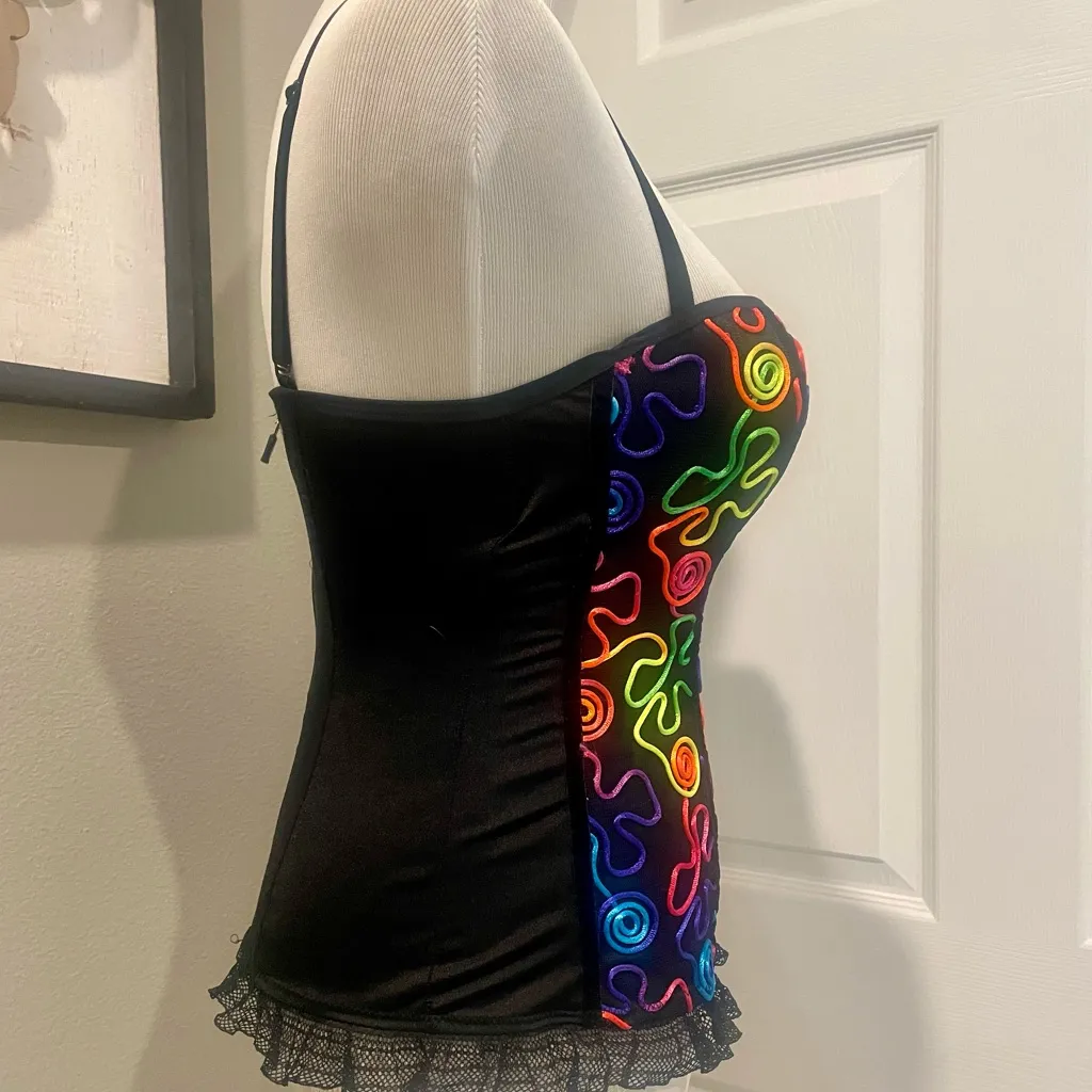 Just One Black Corset With Multicolor Swirl Design And Zip Up Back Size Large - Image 2