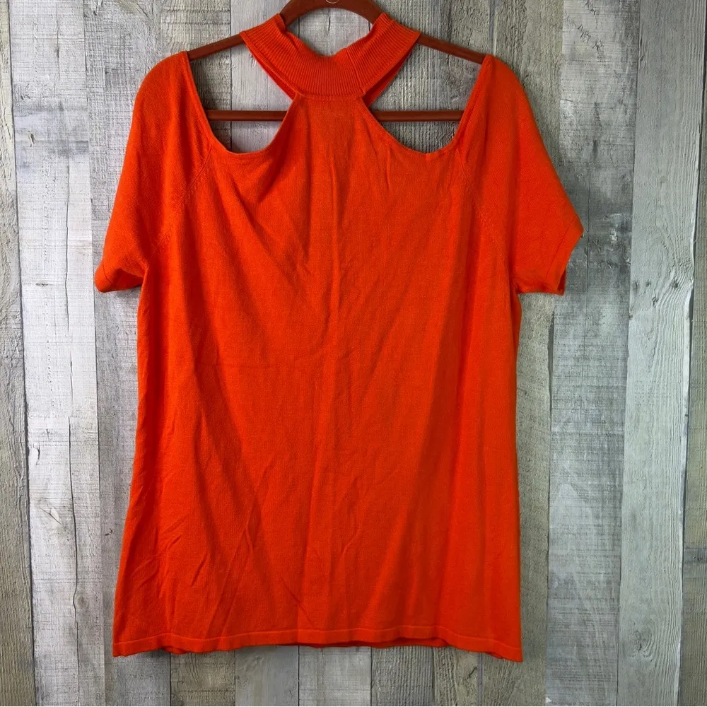 Ashley Stewart Size 18/20 Halter Neck Cold Shoulder Short Sleeve Orange Sweater - Image 2