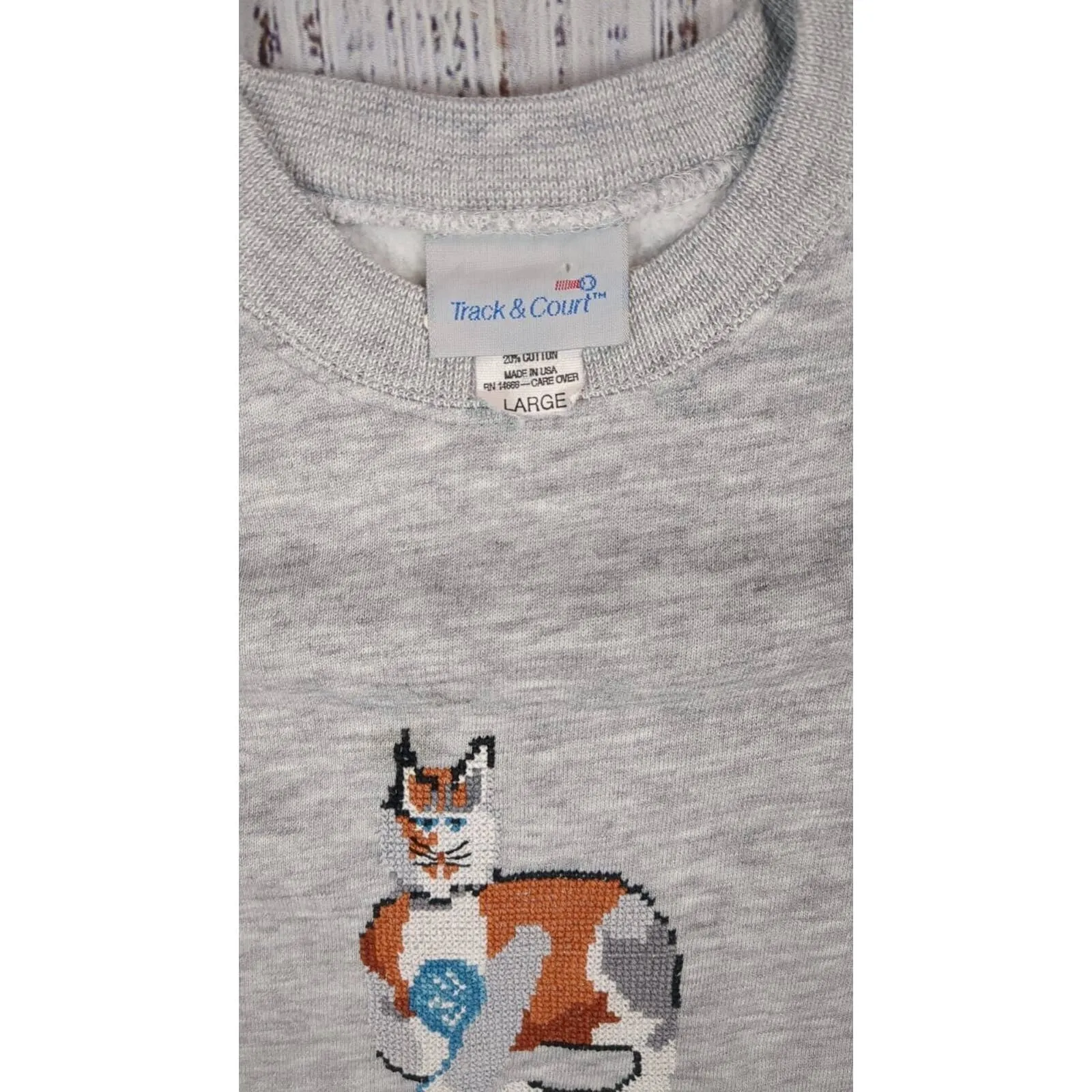 Vtg‎ Needlepoint Calico Cat Kitten Crewneck Sweatshirt Sz L Cat Lady Grandma Gray Size L - Image 3