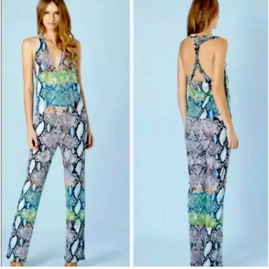 Hale Bob Sienna Halter Snakeskin Jumpsuit Snake Resortwear Party Blue Green - Image 2