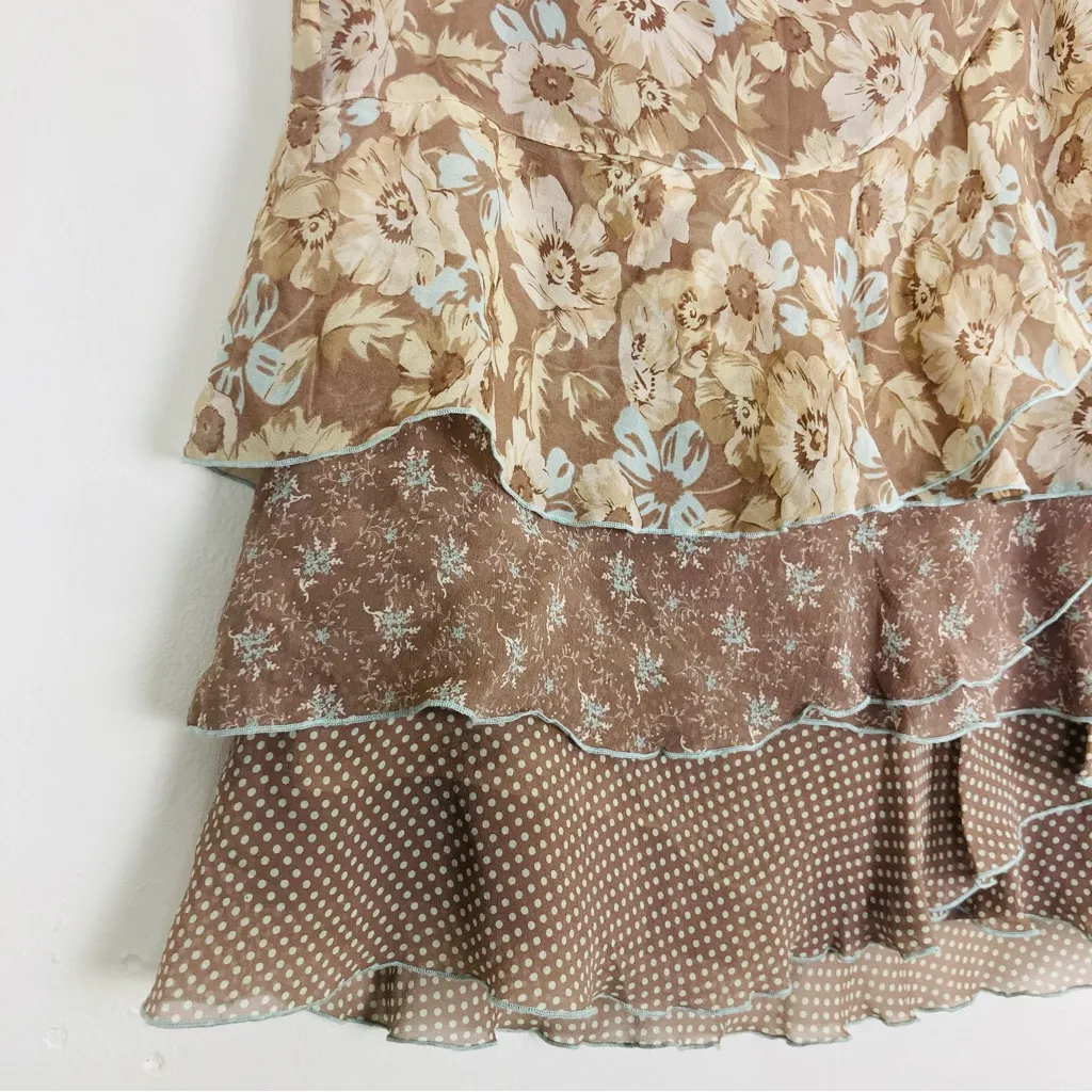 Vintage Y2K silk brown, cream and blue mixed print tiered knee length skirt. 0. - Image 3