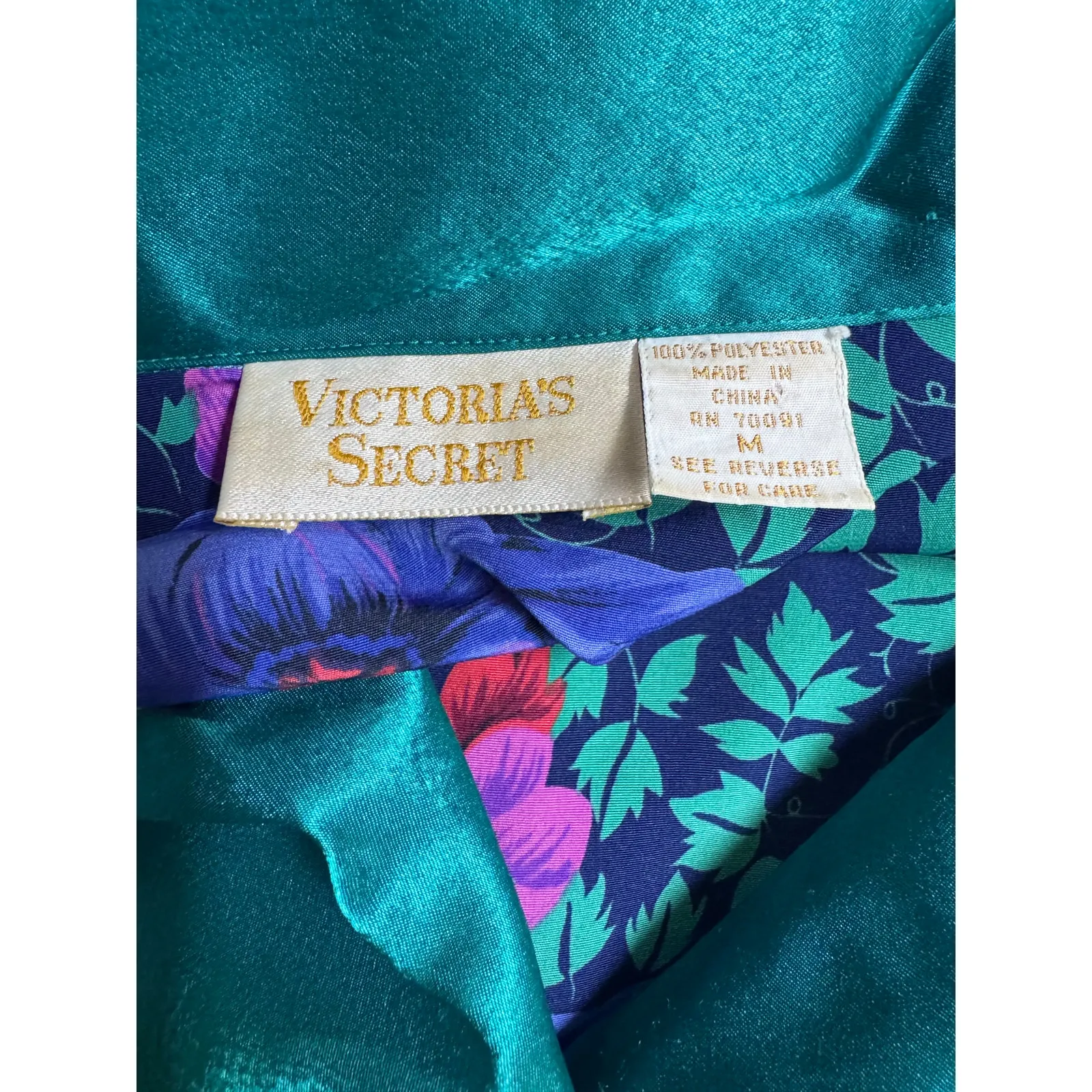 Vintage Victoria’s Secret Floral Satin Robe Green Shawl Collar 90s Loungewear M Size M - Image 9