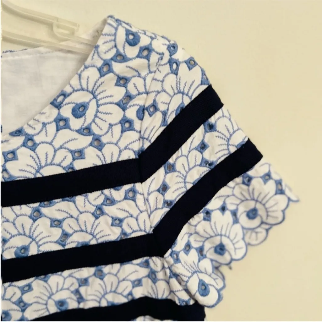 Talbots Eyelet Embroidered Floral White Navy Blue Ribbon Top Petite 4 - Image 7