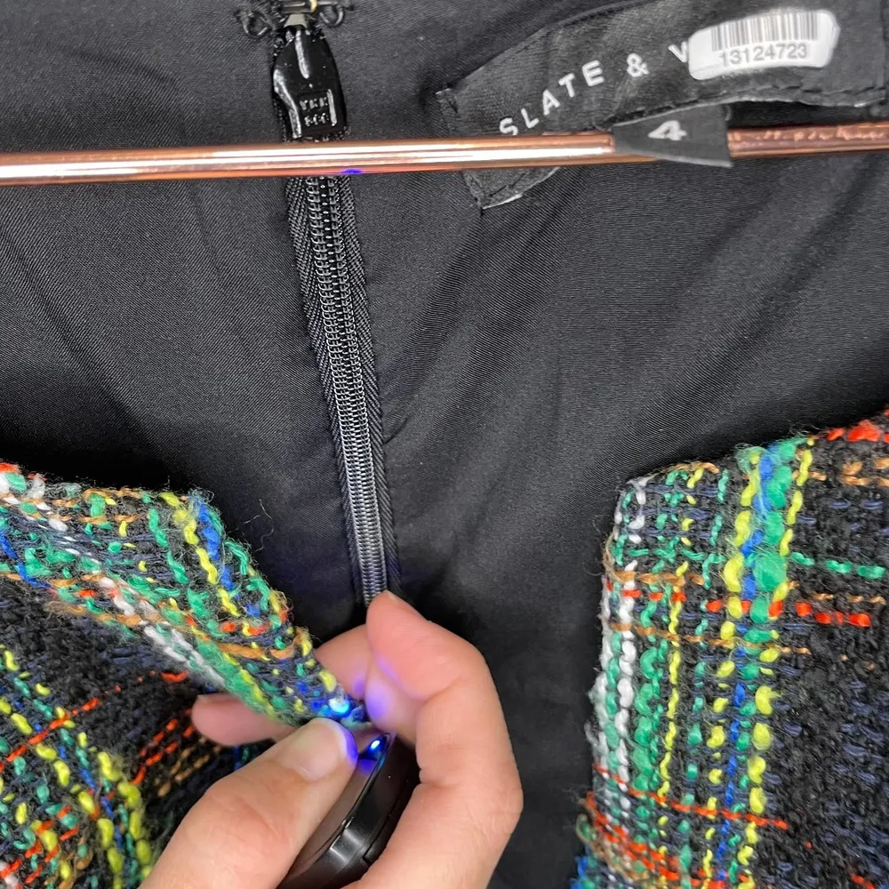 Slate & Willow Classic Plaid Green w/ Neon Stripe Accents Tweed Sleeveless Dress - Image 9