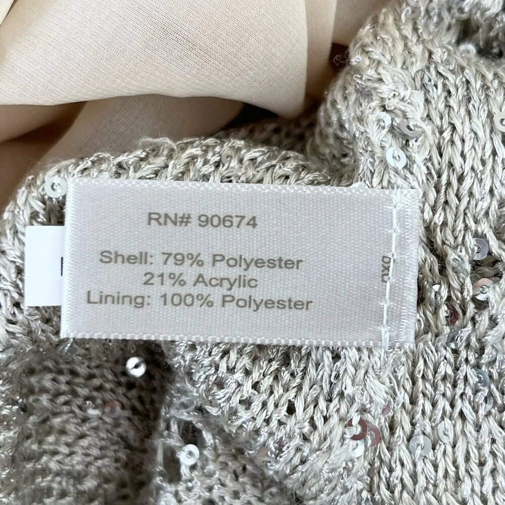 Boston Proper Sequin Embellished Open Knit Sweater Chiffon Lining in Cream, Sz M - Image 10