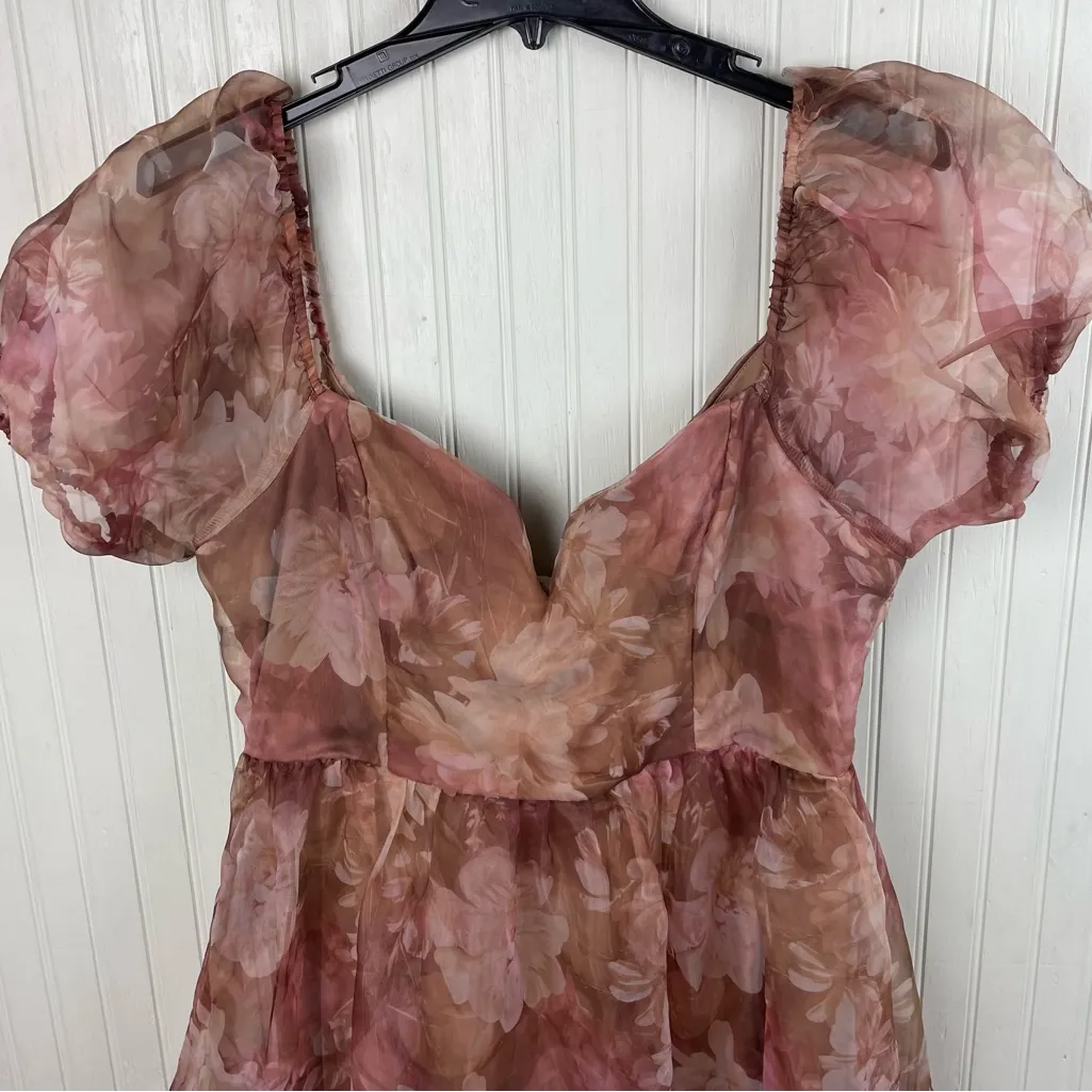 Lulus Lovely Statement Light Brown Floral Organza Tie-Back Midi Dress Size XXL - Image 5