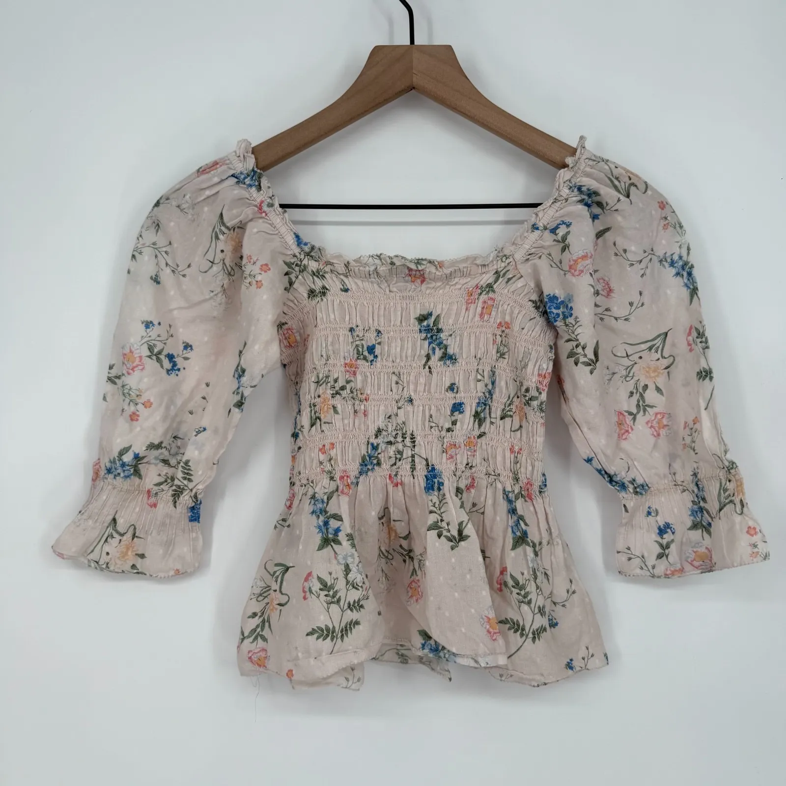 Saylor Clover Blouse‎ Top Womens XS Multicolor Floral Cotton Smocked Scoop Neck - Image 4