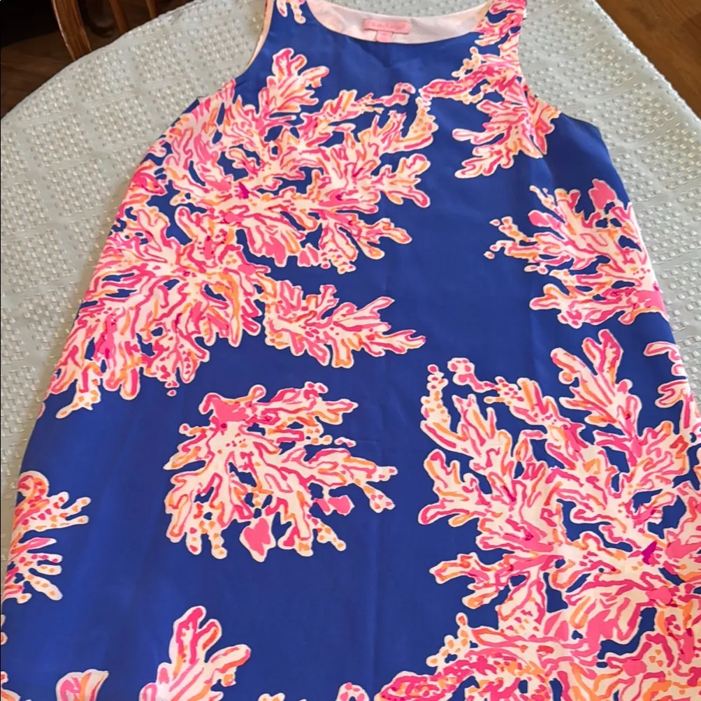 New Womens Lilly Pulitzer Blue & Pink Tropical Coral Print Silk Dress size Xs - Image 3