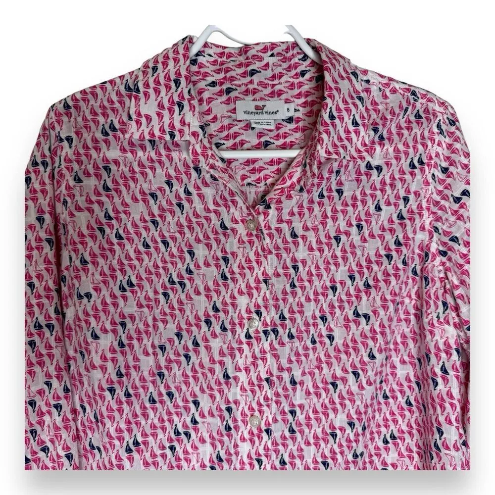 Women's Vineyard Vines Multicolor Sail Boat Pattern Button Up Shirt Collared 6 - Image 3