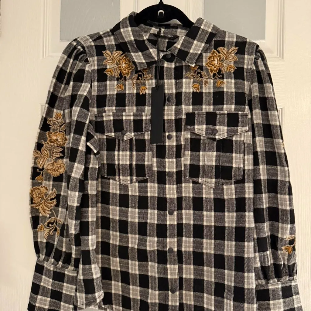 Driftwood Black and White Plaid Shirt with embroidery - Image 2