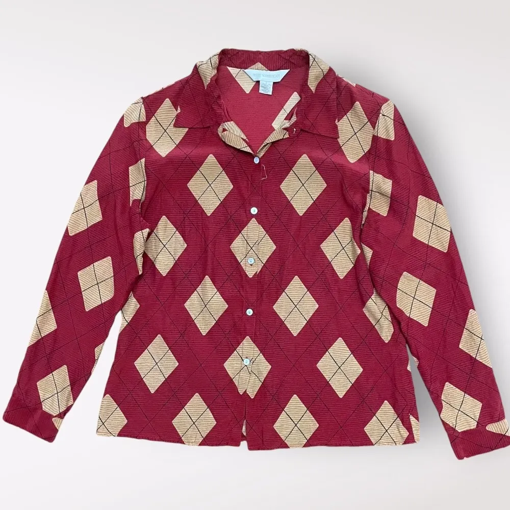 Petite Sophisticate Silk Button-Up Argyle Shirt Womens Size 10 Red Tan - Image 1
