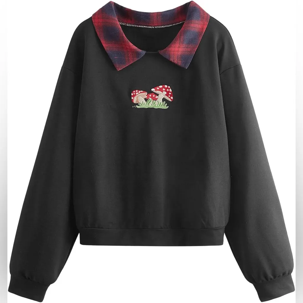 SweatyRocks Black Mushroom Embroidered Sweatshirt w/ Plaid Peter Pan Collar L - Image 1