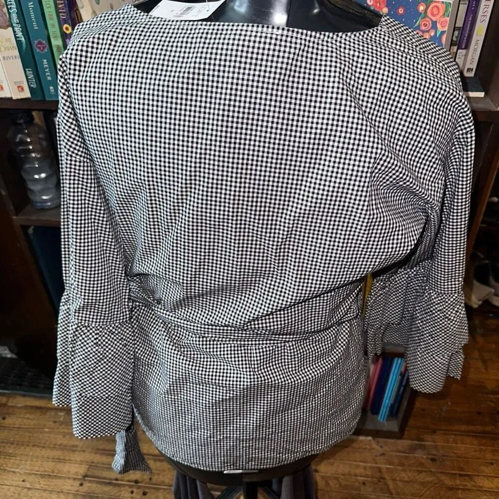 Loft checked crossover M ruffled sleeve minimalist blouse - Image 2