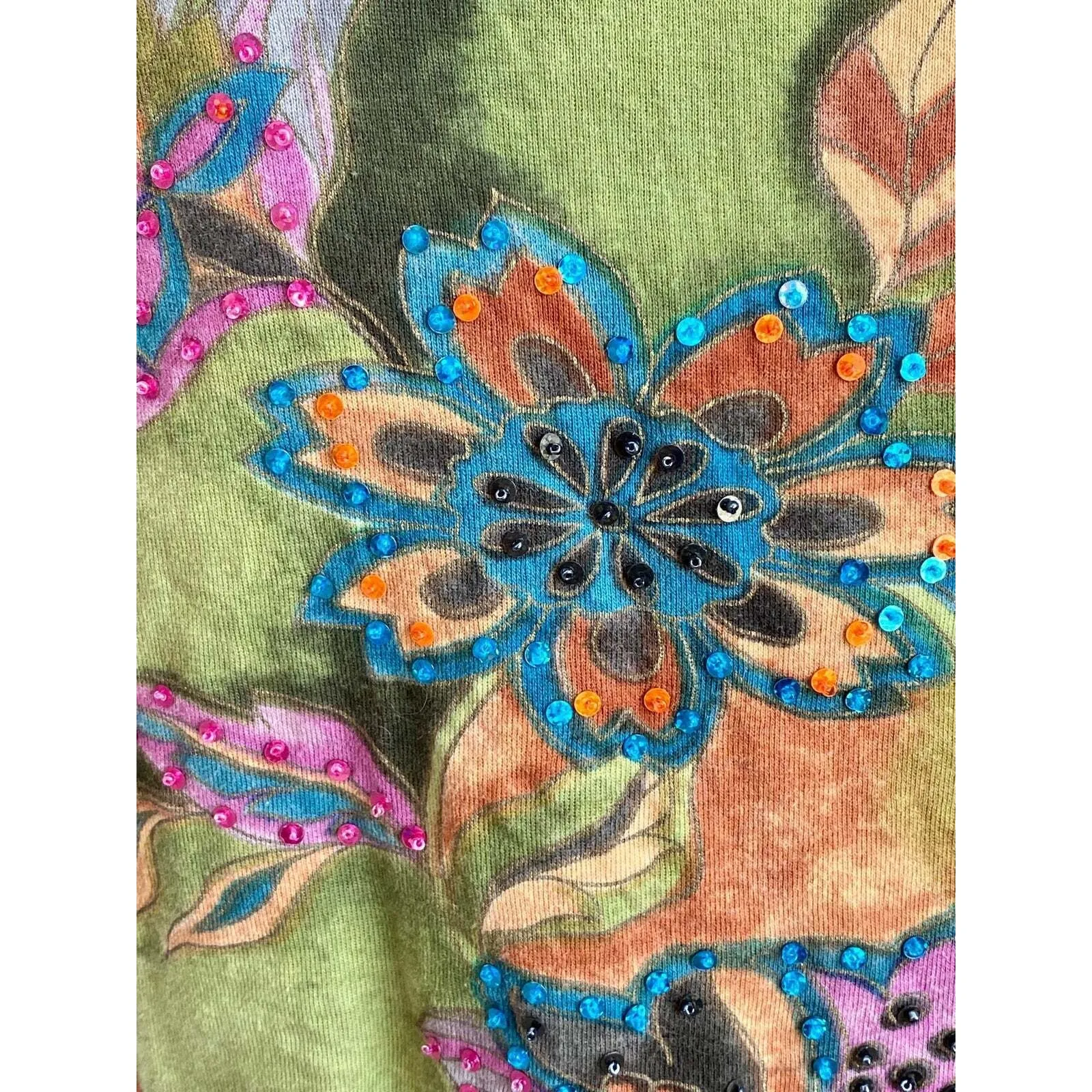 CJ Banks Beaded Blue Green Peach Floral Print Top Blouse 1X Embellished Colorful - Image 2