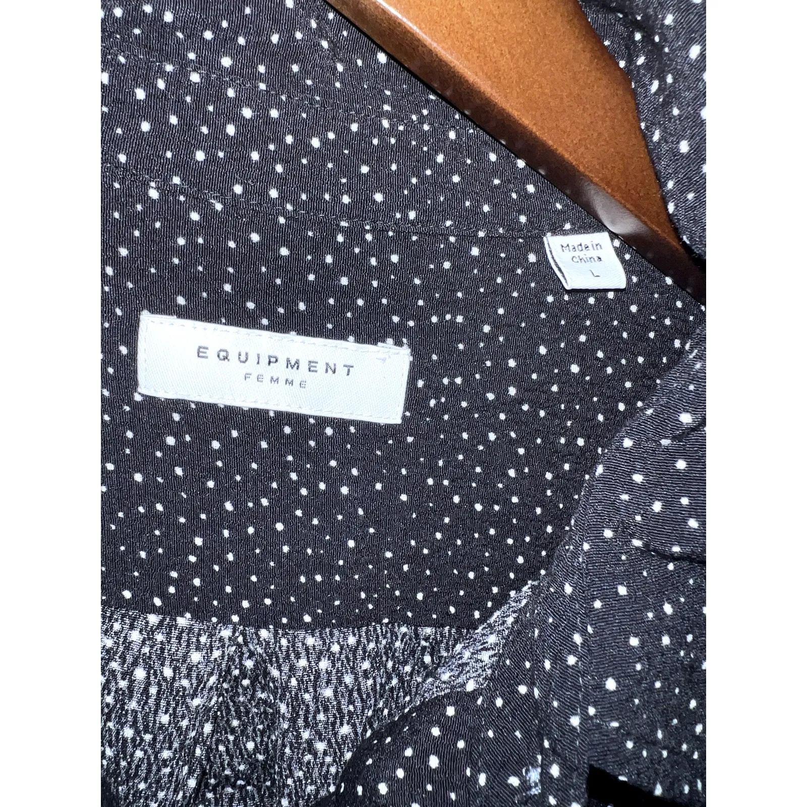 Equipment Femme Women Sz Large Blouse Button Down Polka Dot Black Preppy Classic - Image 2