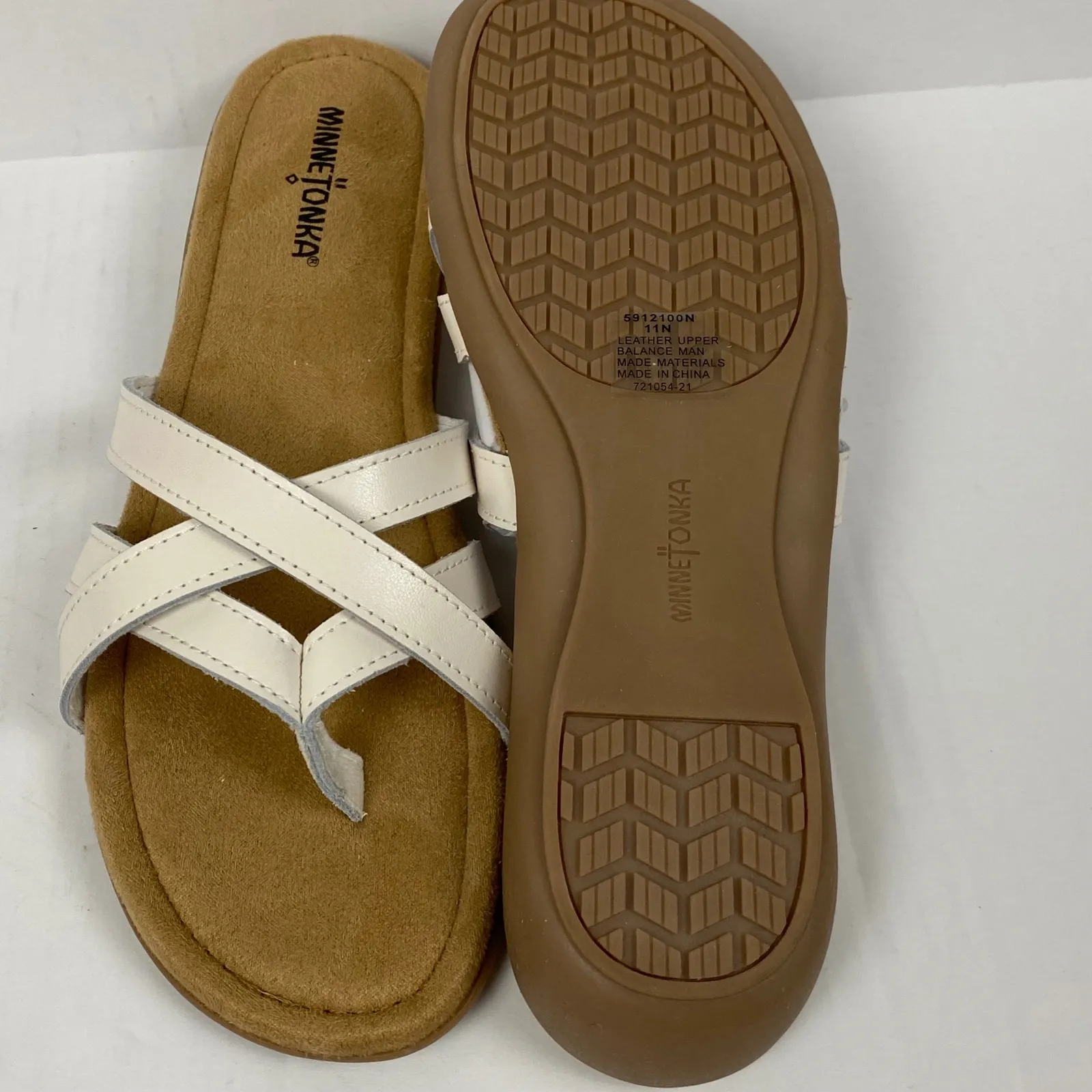 Minnetonka Sunny Thong Sandals Women's Size 11‎ Narrow White Leather Criss Cross - Image 5