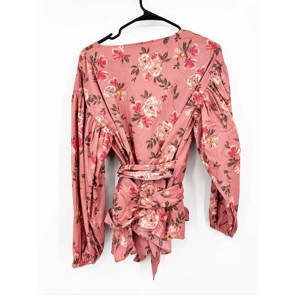 Lovers and Friends Barnes Pink Amber Floral Print Long Sleeve Wrap Blouse Size S - Image 3