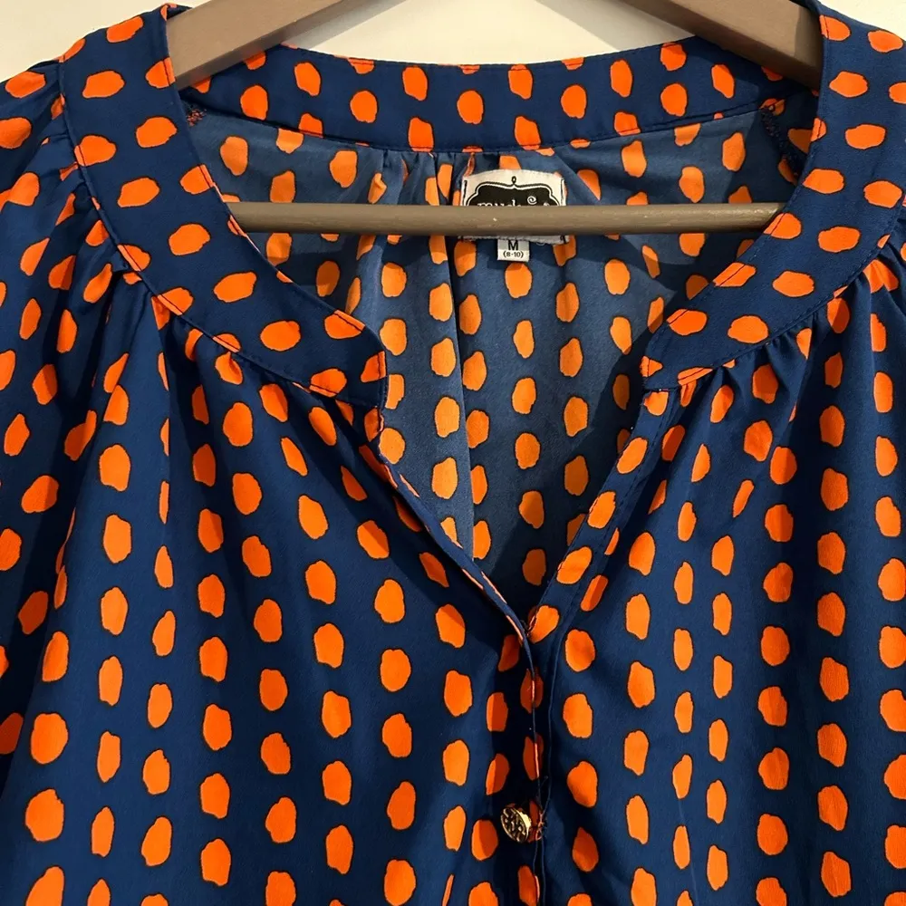 Mud Pie  Long Sleeve Dot Blouse Blue Orange Size M - Image 2