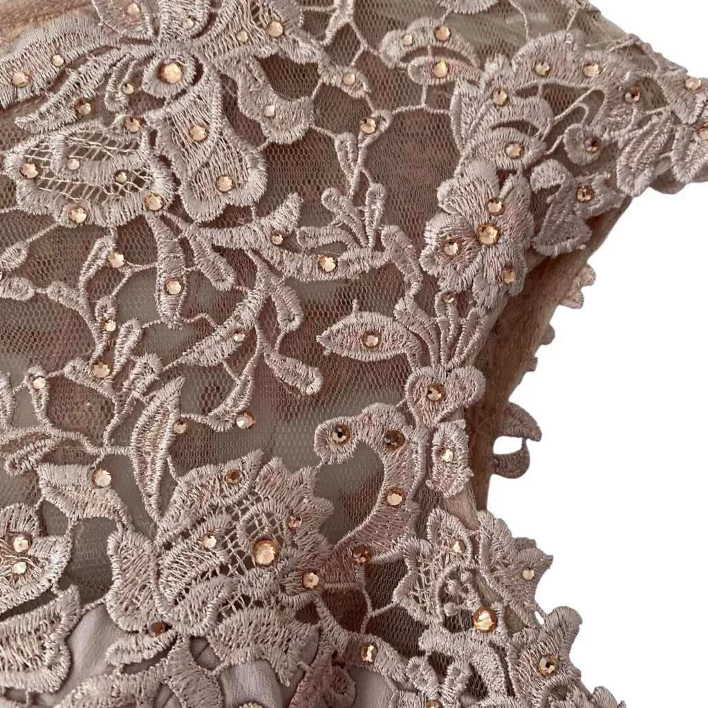 La Femme NWTs Mauve Dusty Rose Elegant Lace Dress size 2 Chrystal Rhinestone - Image 5