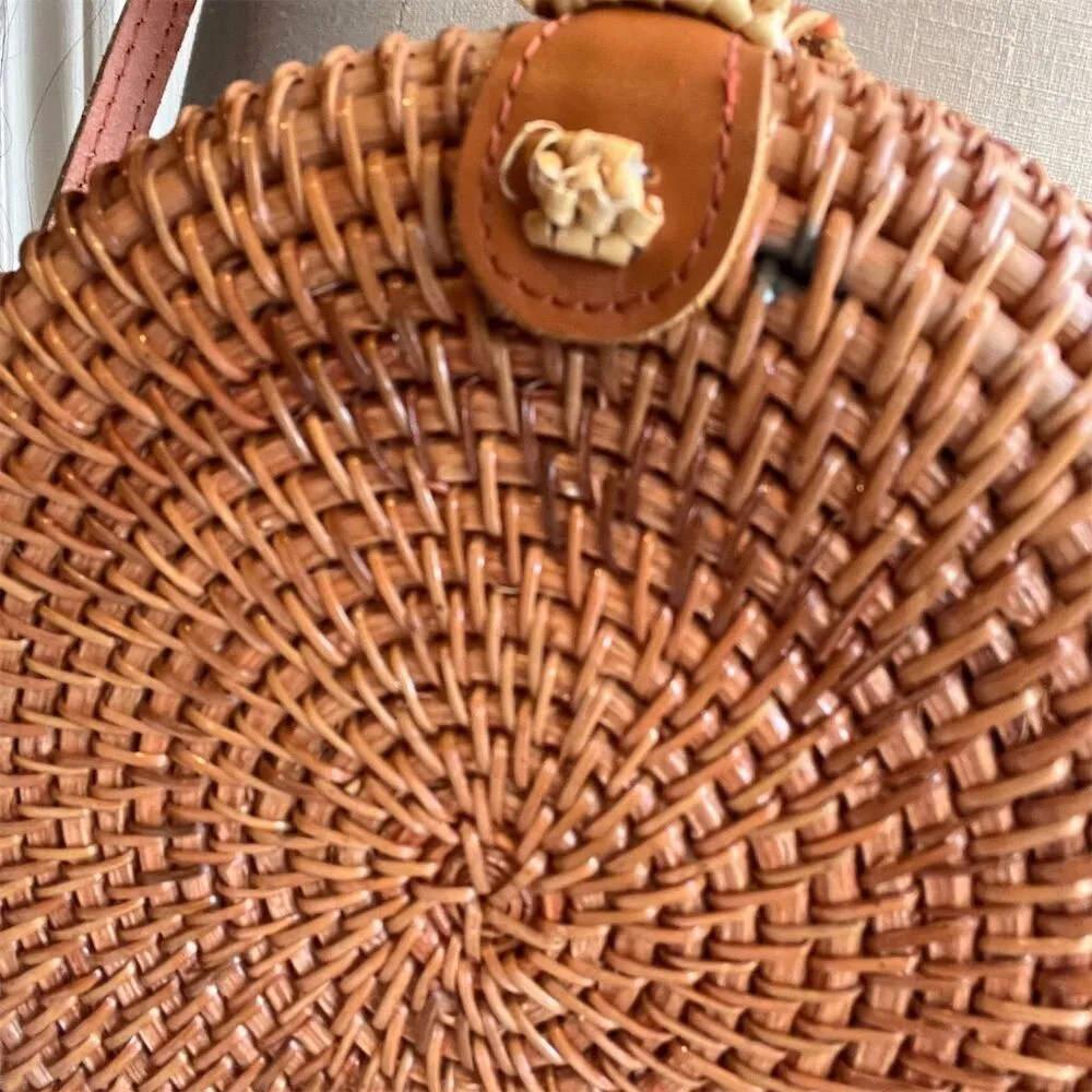 Handmade Rattan Crossbody Bag Floral Lining Leather Strap Boho Summer - Image 4
