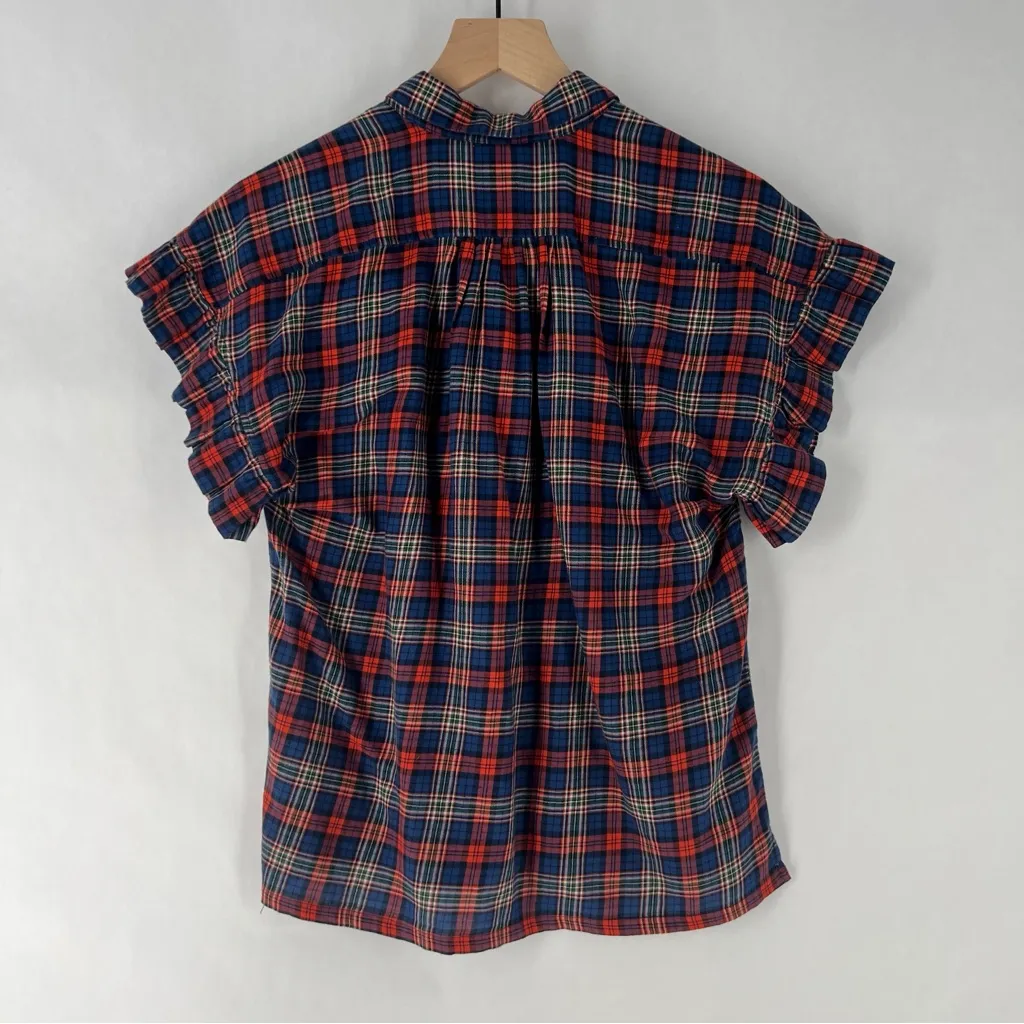 Trovata Birds Of Paradis Marianne Soft Cotton Plaid Ruffle Sleeve Button Up‎ Top Red Size XS - Image 9