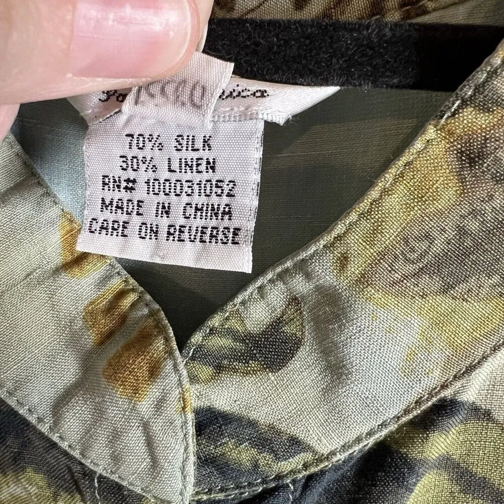 Citron button down Silk Linen tropical hawaii print Women’s Sz Small 3/4 Sleeve Green - Image 8