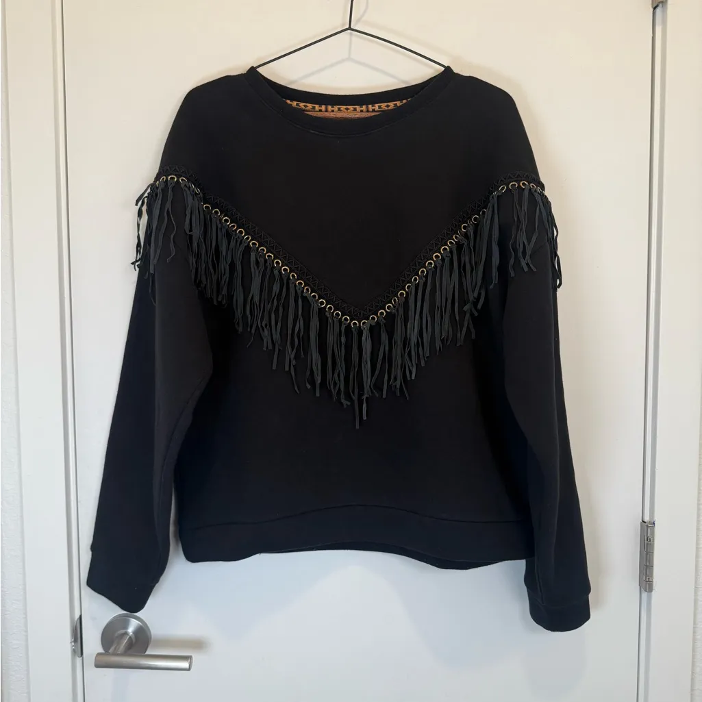 Hayley Menzies Ada Suede Black Fringe Sweatshirt Black Sz Medium - Image 4