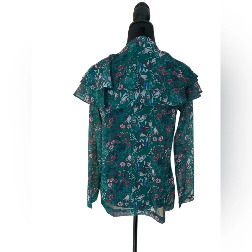 Promesa Green Floral Ruffle Tie Neck Blouse Size Small Sheer L/S Boho Top - Image 8