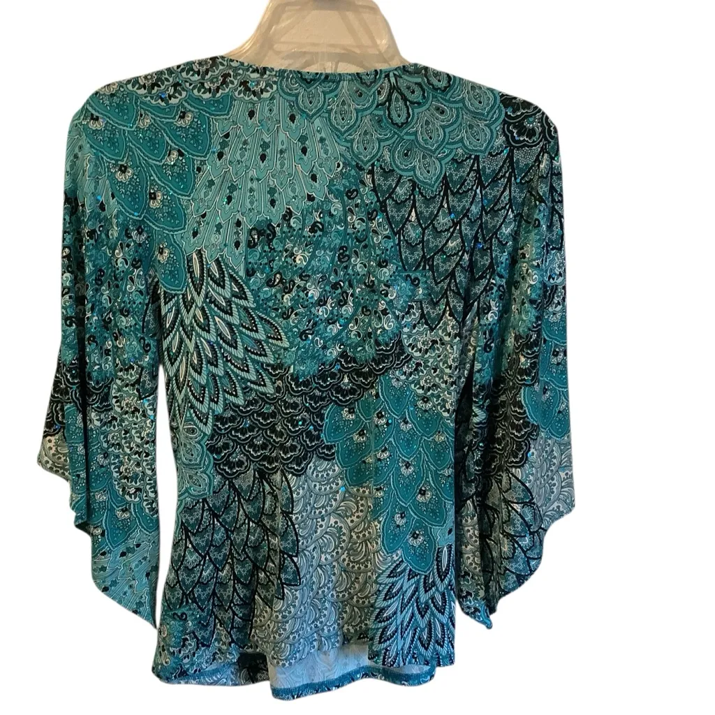 Elegant Women’s Peacock Type Teal & Black Flowey Top w/Tiny Sequins. Blue Size M - Image 8