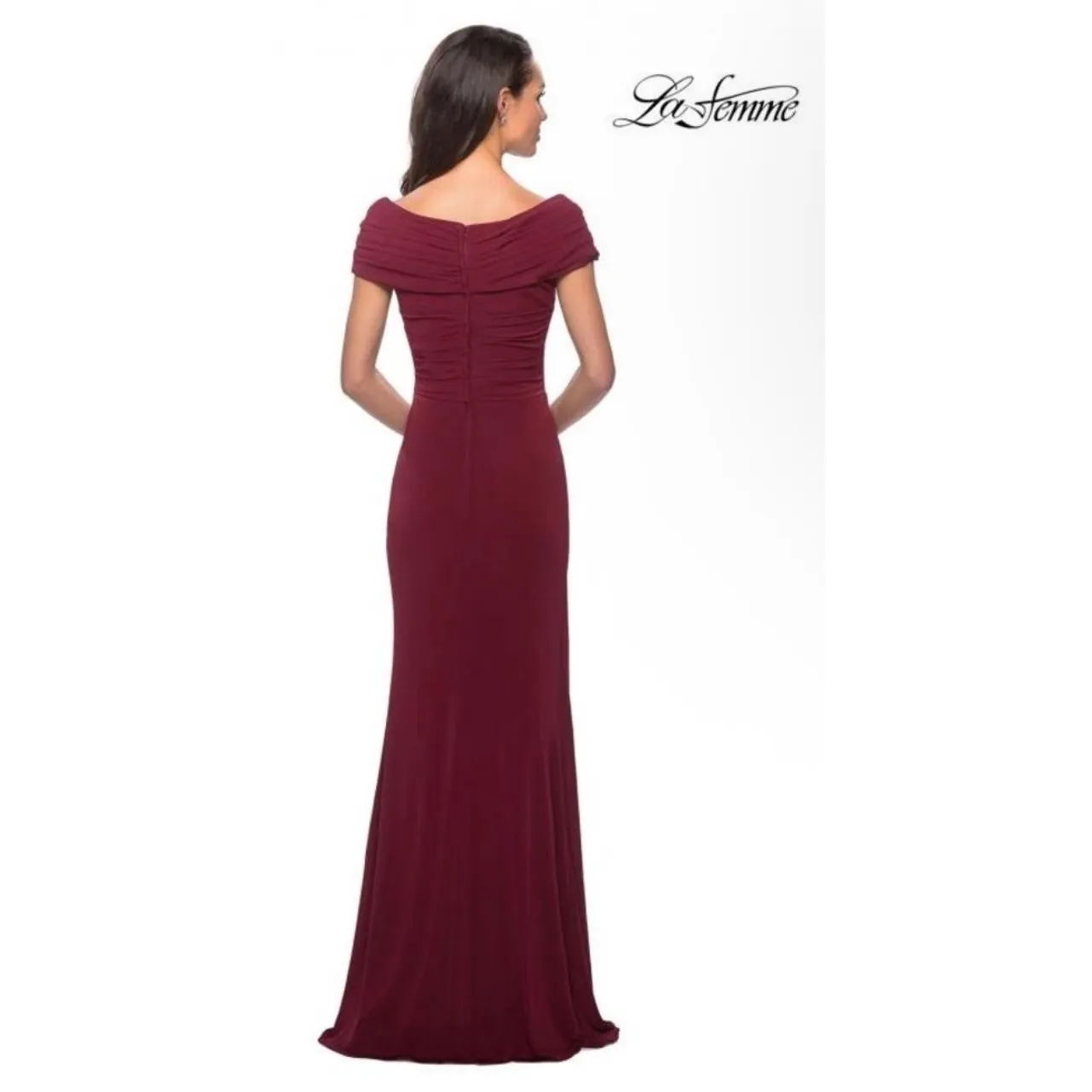 NWT La Femme‎ Ruched Jersey Long Gown with V-Neckline in Wine Sz 12 $389 - Image 4