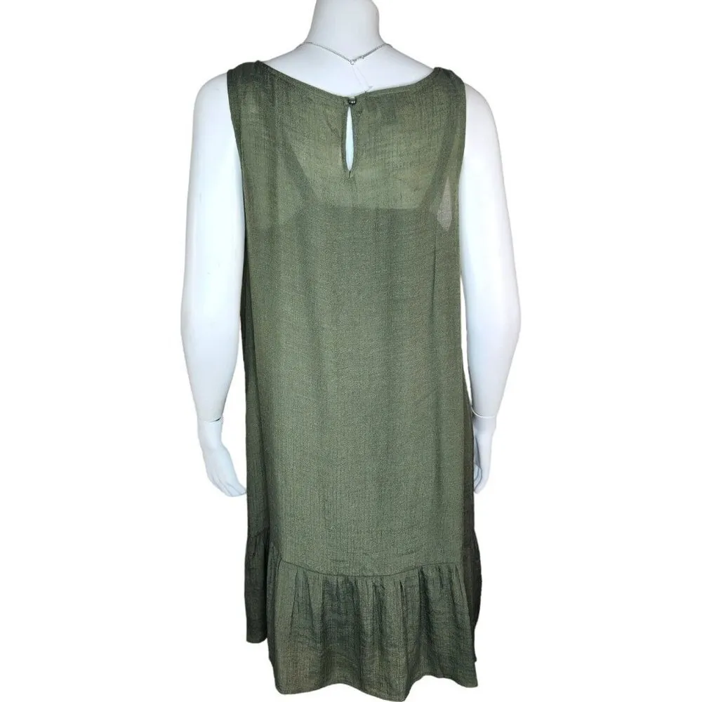 AGB Dress Womens Small Olive Green Shift Dress Lined Sleeveless Ruffle Necklace - Image 16
