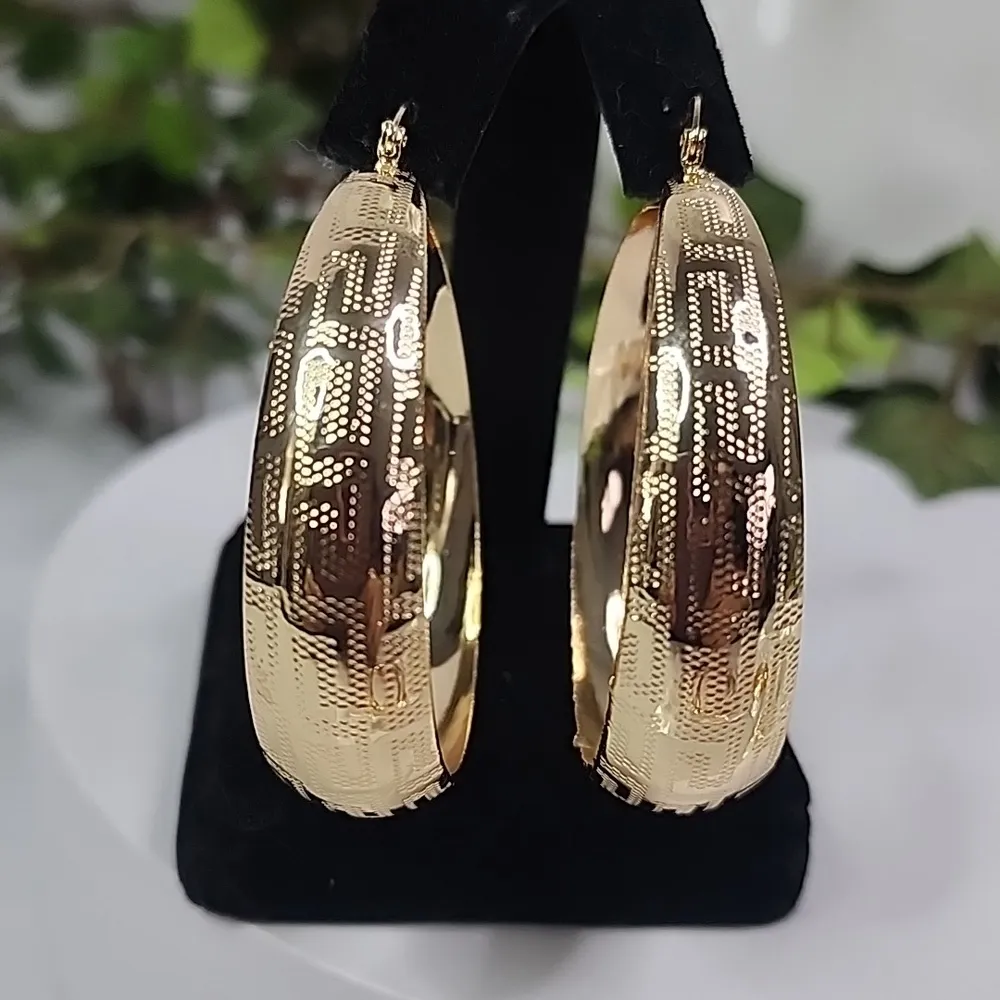Gold Filled Wide Hoop Earrings with Greek Key Design - Image 2
