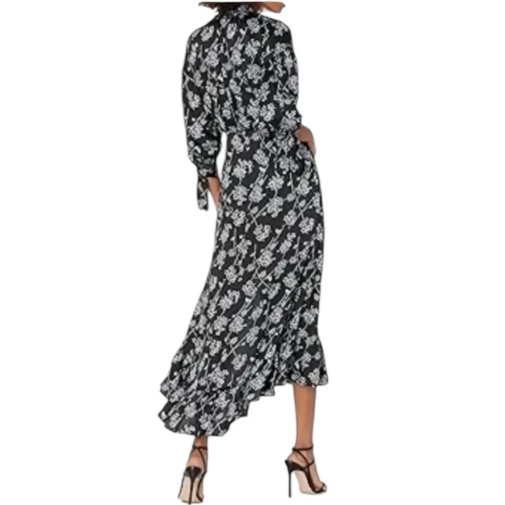 Cinq a Sept Halette Wrap Midi Dress Black & Blue Floral Print Size 4 - Image 2