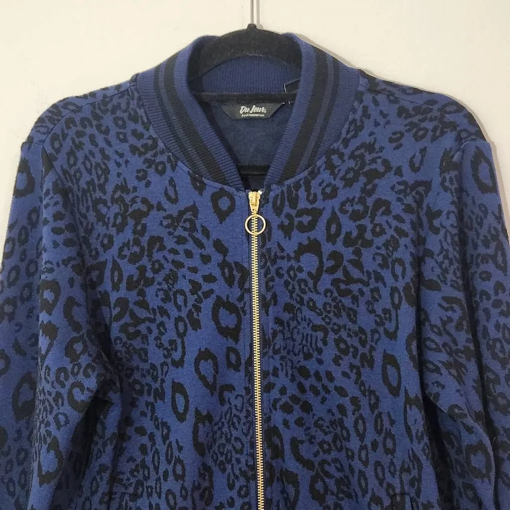 Du Jour Blue Leopard Print Jacket Size Small Zip - Image 2