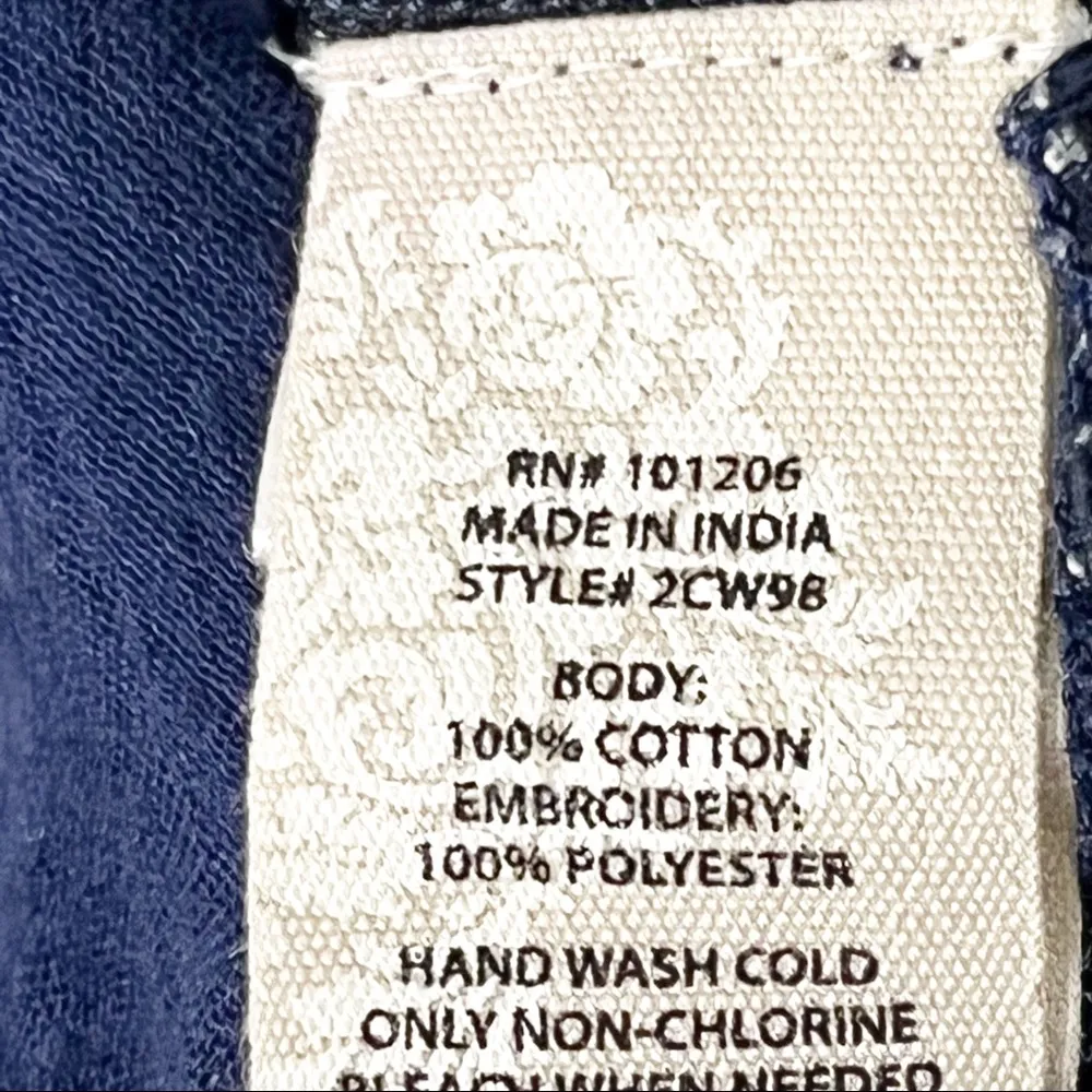 SOFT SURROUNDINGS Navy Floral Embroidered Back Buttons 3/4 Sleeves Tunic Large - Image 3