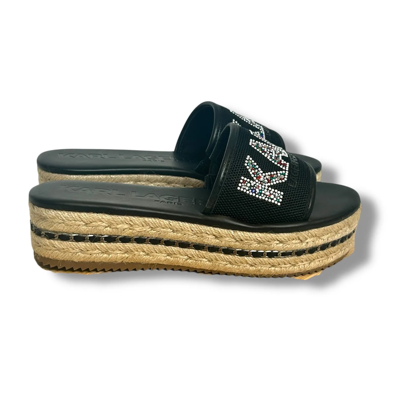 Karl Lagerfeld Kamara Bling Platform Espadrille Slide Sandals Black Women's 8.5M - Image 6