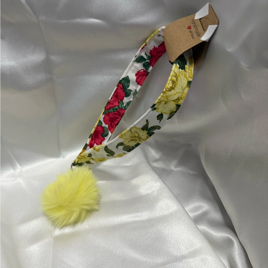 Handmade Yellow and Red Rose Floral Wristlet Keychain with Yellow Pompom - Image 2