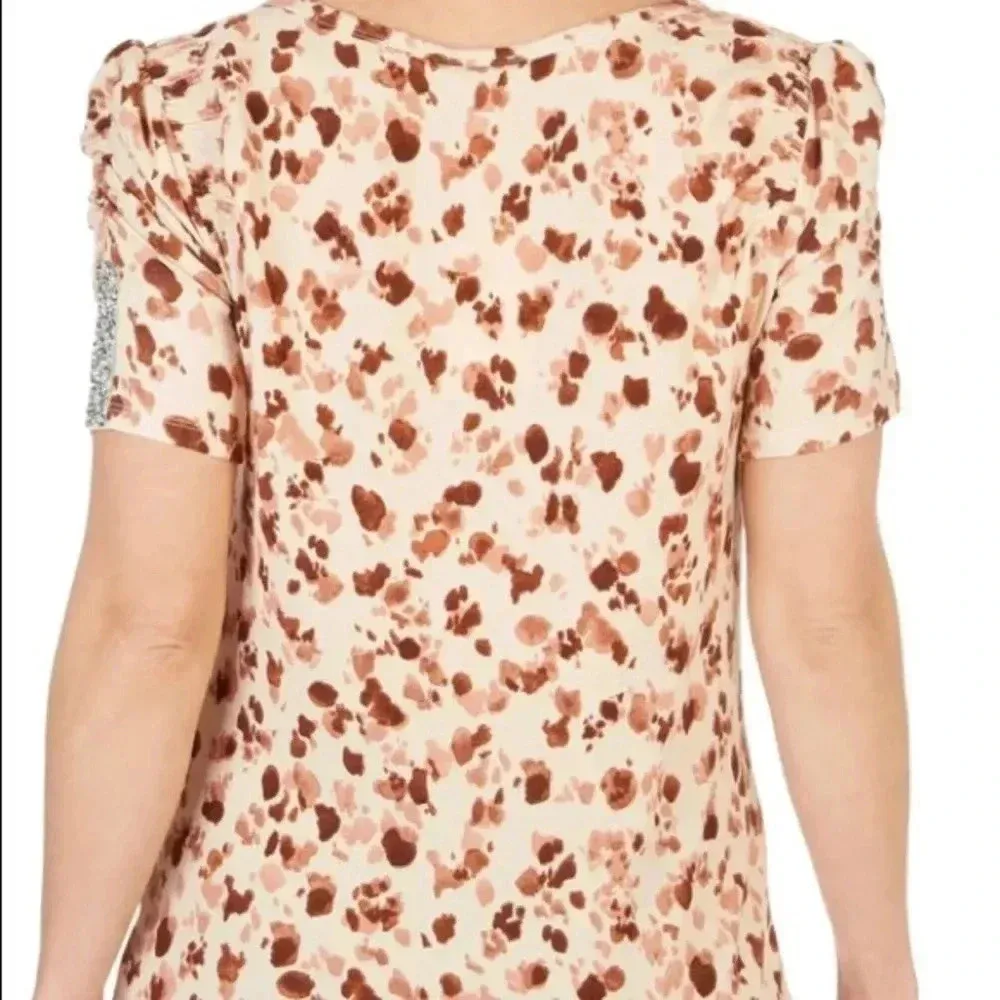 💥🆕 Como Blu Smocked All Over Print Short Sleeve Top M🆕 Brown Size M - Image 2
