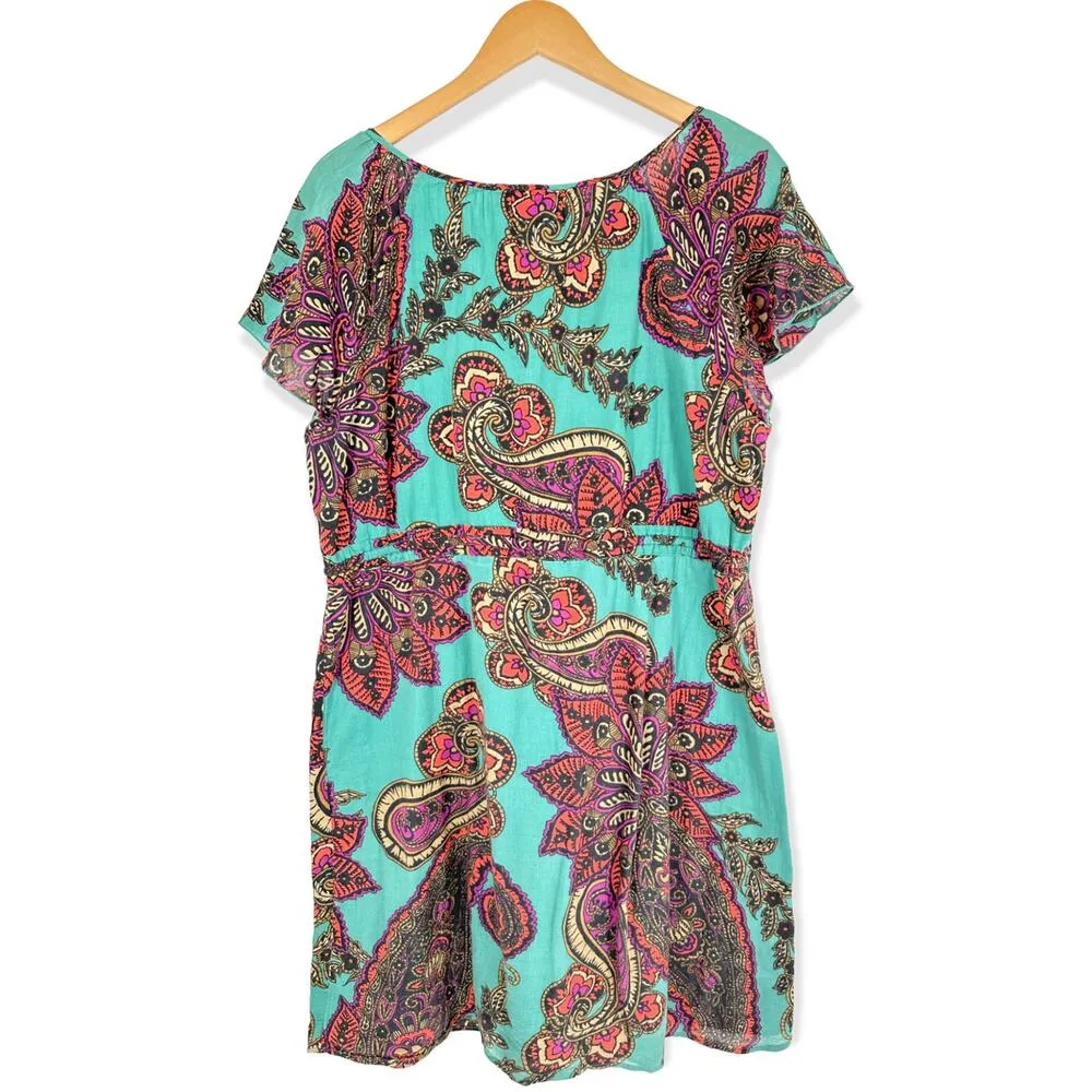 Sonoma | One Size | Teal Boho Paisley Print Short Sleeve Drawstring Waist Dress - Image 5