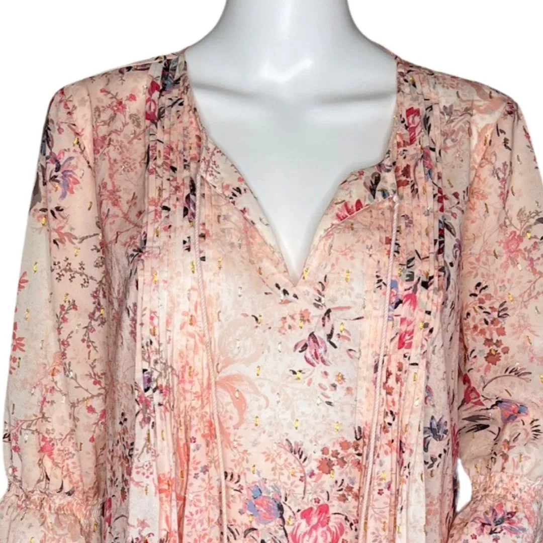 T Tahari Shirt Womens Medium Pink Floral Bell Sleeve Tasseled Tie Top Bloomcore‎ - Image 5