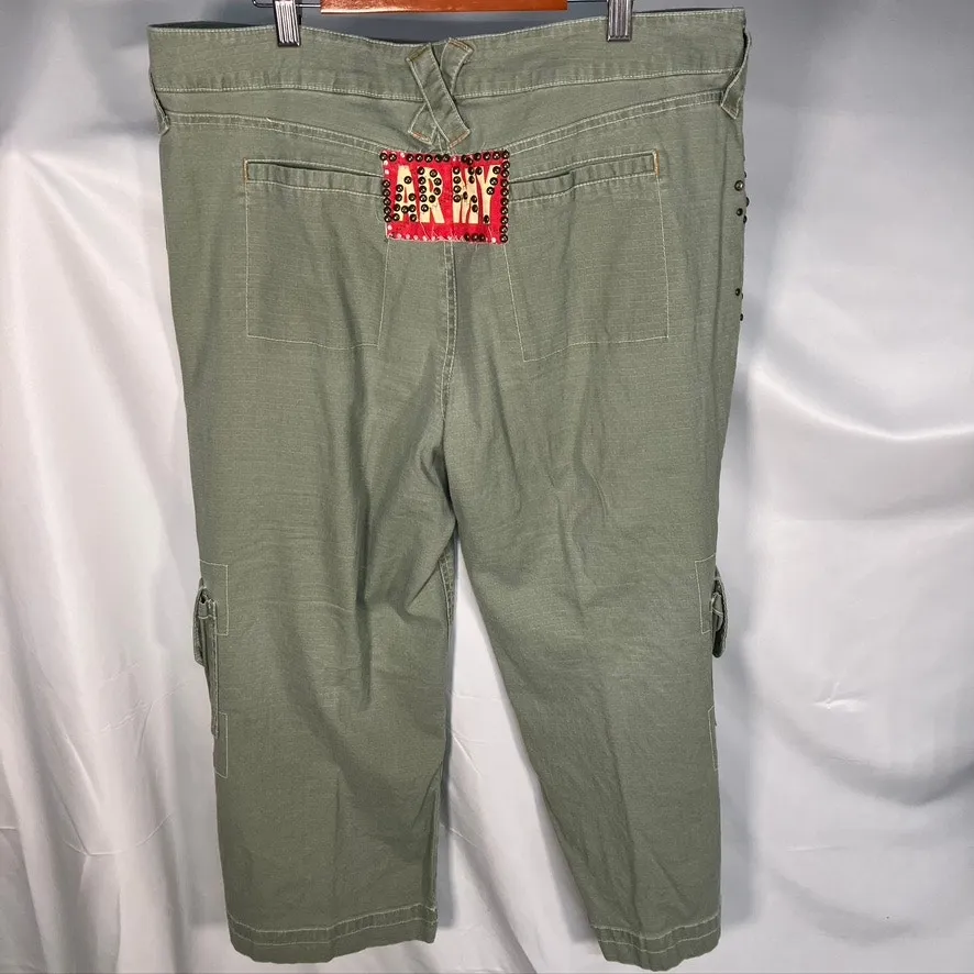 Vintage Y2K Goddess Cargo Capris Womens 16 Army Grunge Utility Military‎ Ramie Green - Image 12