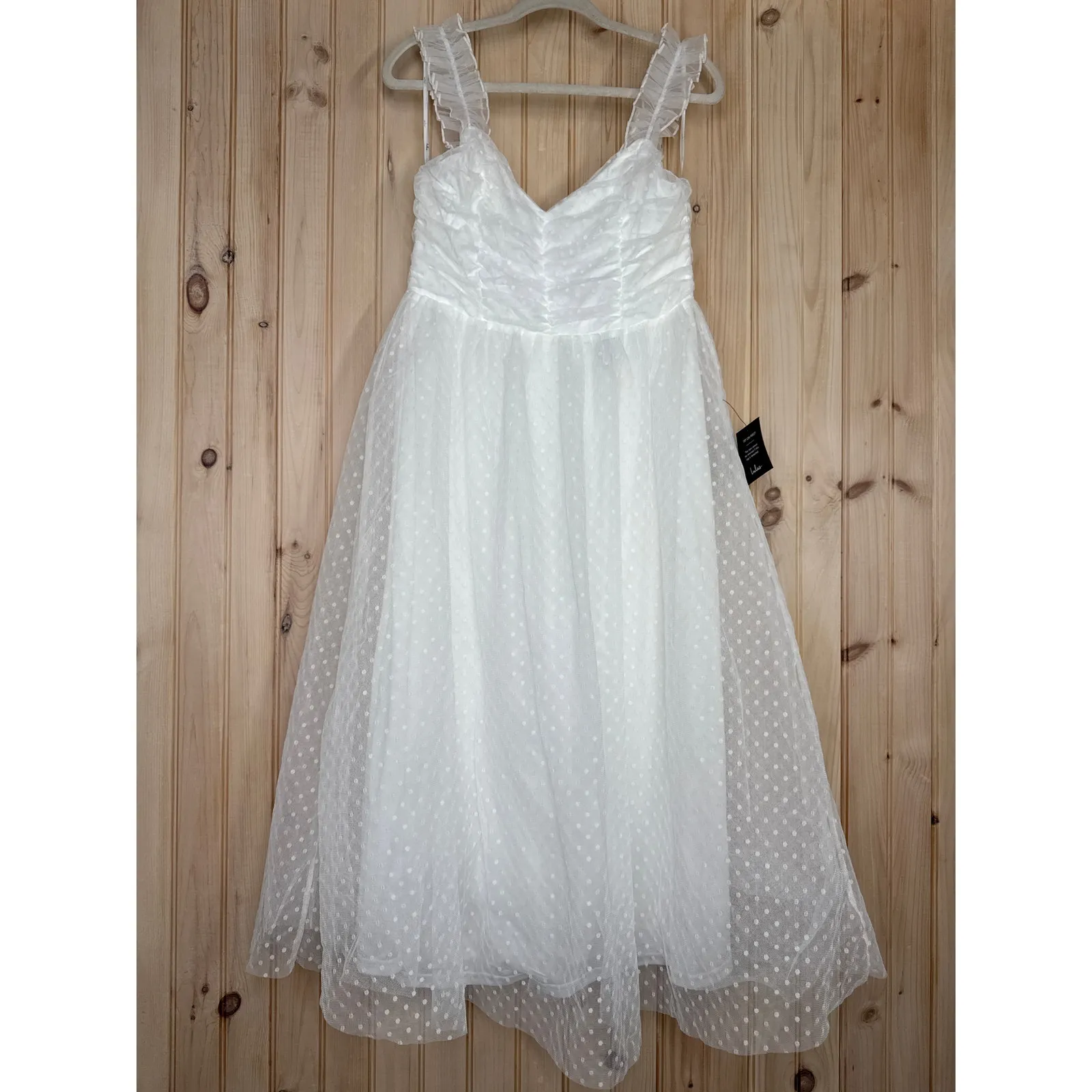NWT Lulus Forever Celebrated White Swiss Dot Ruched Tulle Midi Dress Size L - Image 2