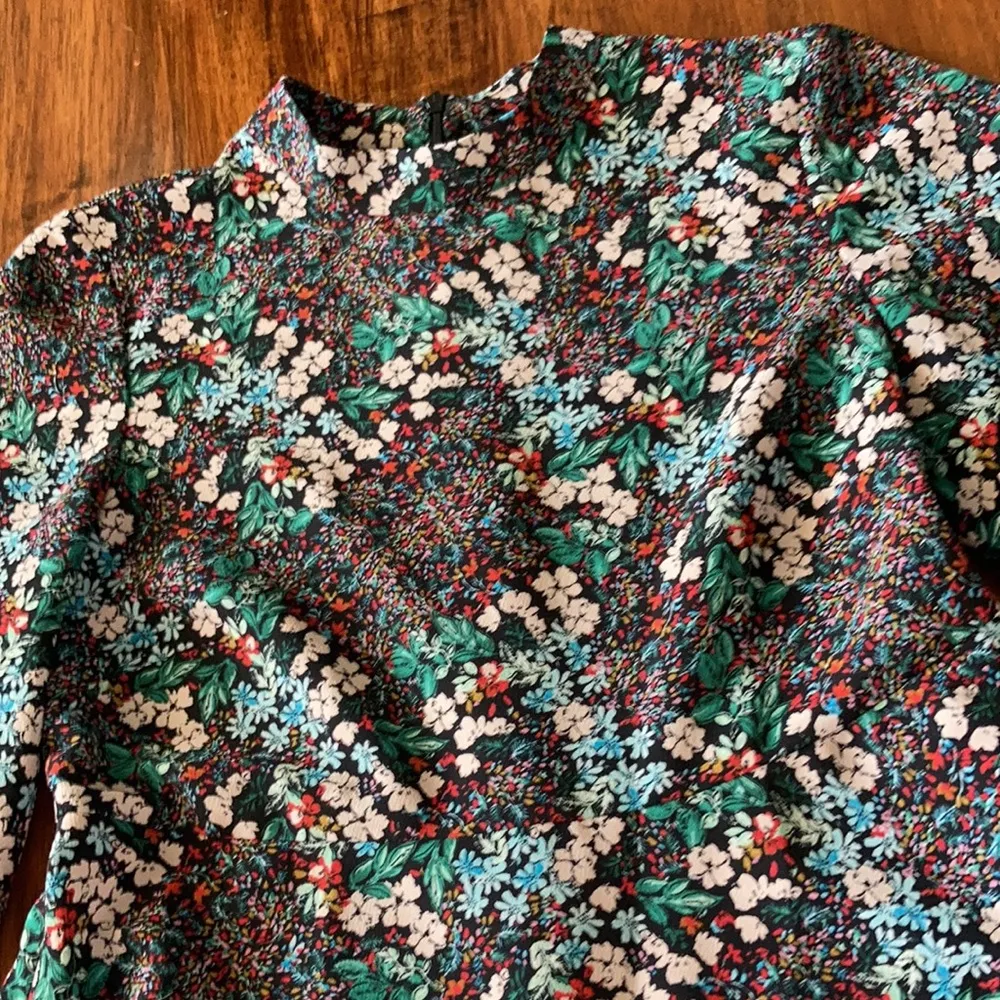 Zara Mock Neck Dress Floral Kimono A Line Fit Flare Wide Sleeve Holiday Green XS - Image 3