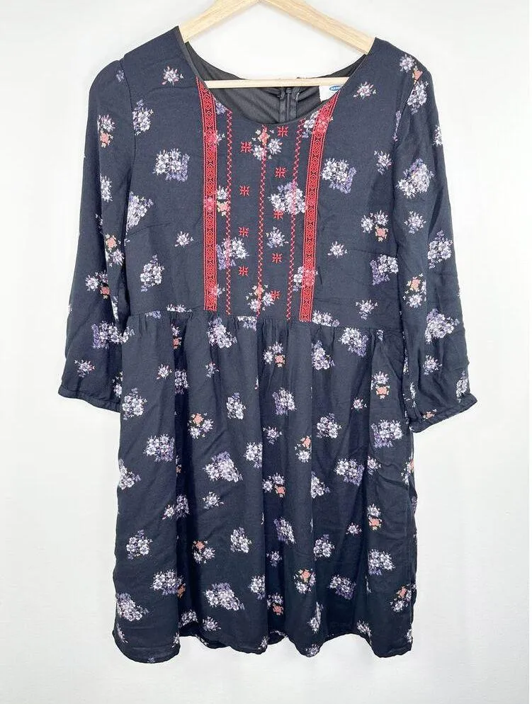 Old Navy Blue Floral Print Long Sleeve Embroidered Dress Women Medium Boho - Image 10