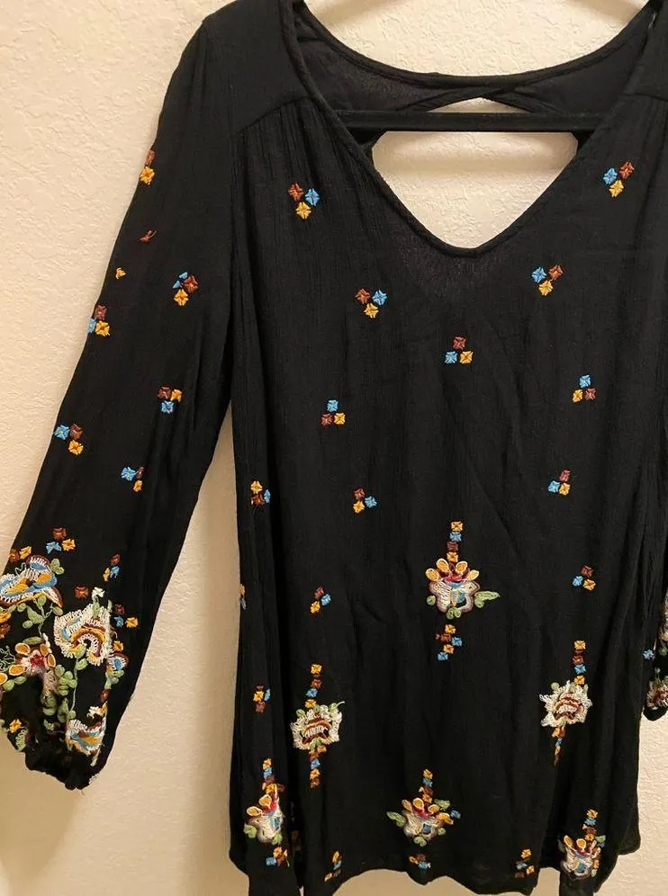 Free People Black Oxford Embroidered Long Sleeve Mini Dress Size XS - Image 6