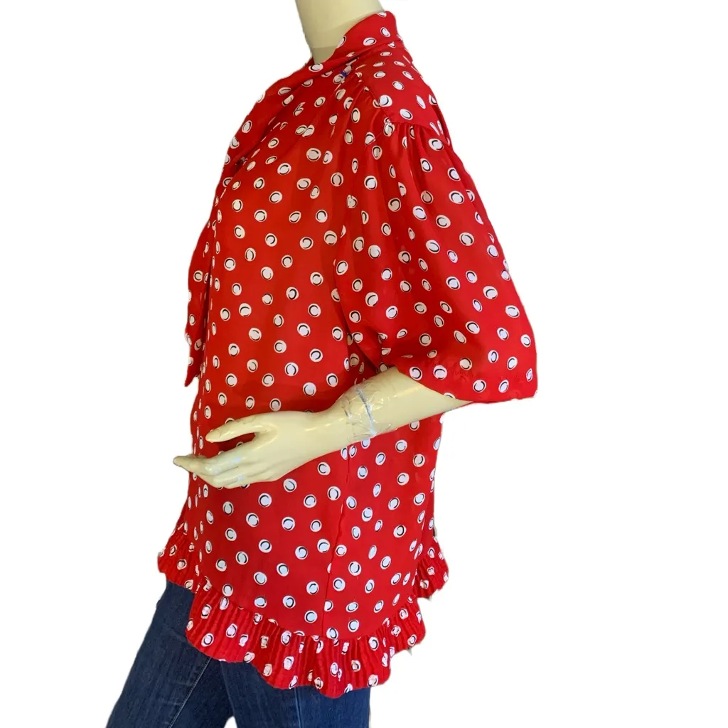 ALFRED DUNNER VINTAGE 1980'S RED, BLACK AND WHITE DOTS RUFFLE HEM BLOUSE (18) - Image 3