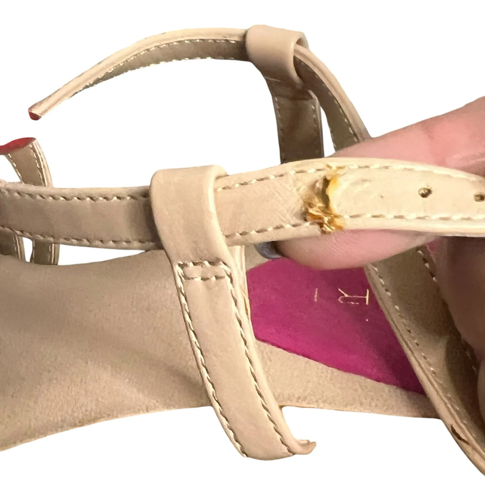 Tahari Favor Wedge Sandal Womens 9M Beige Leather Spring Flowers Strappy - Image 6